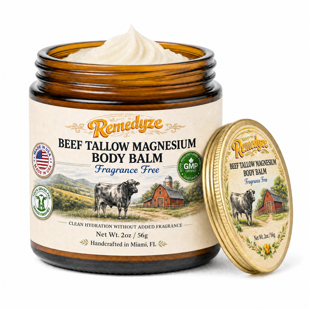 Remedyze Beef Tallow Magnesium Body Balm, Fragrance Free, 2 oz jar